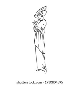 Antique dressed lady. Old fashion vector illustration. Victorian woman in historical dress. Vintage stylized drawing, retro woodcut style