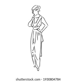 Antique dressed lady. Old fashion vector illustration. Victorian woman in historical dress. Vintage stylized drawing, retro woodcut style