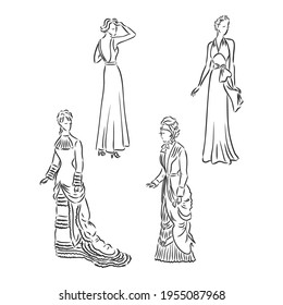Antique dressed lady. Old fashion vector illustration. Victorian woman in historical dress. Vintage stylized drawing, retro woodcut style