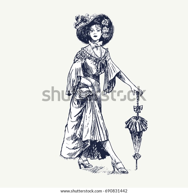 古い服を着た女性 古いファッションのベクターイラスト 歴史的なドレスを着たビクトリア朝の女性 手描きの彫刻 ベクタービンテージイラスト 色の背景に分離 のベクター画像素材 ロイヤリティフリー