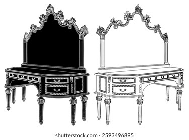 Antique Dresser Stand Mirror Vector 02. A Vector Illustration Of Stylish Dresser Mirrors Isolated On White Background.