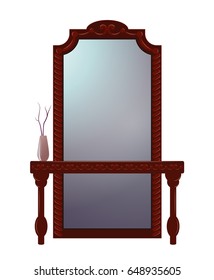 Antique dressing table with mirror in carved wooden frame isolated on white.