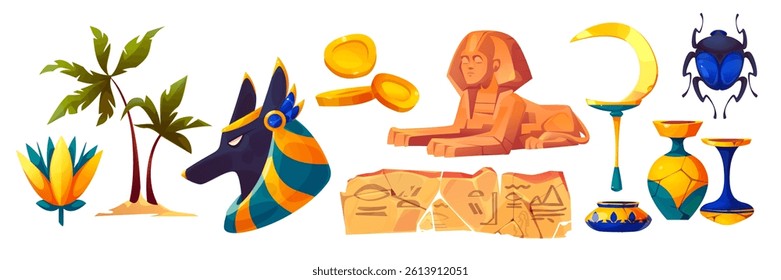 Antique Egypt culture symbols set isolated on white background. Vector cartoon illustration of ancient golden coins, sphinx monument, anubis statue, palm trees, stone manuscript, archeology museum