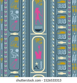 Antique egypt writing seamless pattern. Hieroglyphic egyptian language symbols texture. Repeating ethnical fashion illustration for advertising.