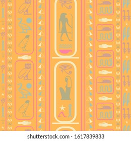 Antique egypt writing seamless pattern. Hieroglyphic egyptian language symbols grid. Repeating ethnical fashion background for advertising.