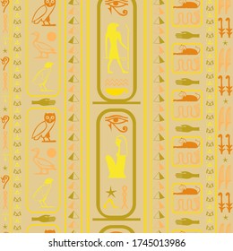 Antique egypt writing seamless pattern. Hieroglyphic egyptian language symbols tile. Repeating ethnical fashion vector for brochure or booklet.