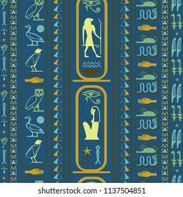 Antique egyptian motifs seamless pattern. Ethnic hieroglyph symbols template. Repeating ethnical fashion vector for wallpaper.
