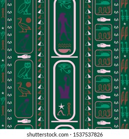 Antique egyptian motifs seamless vector. Ethnic hieroglyph symbols template. Repeating ethnical fashion background for wrapping paper.
