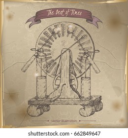 Antique electricity generator aka Wimshurst influence machine model sketch placed on old paper background. Vintage collection. Great for school, education, antique shop, retro design.