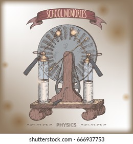 Antique electricity generator aka Wimshurst influence machine model color sketch placed on vintage background. School memories collection. Great for school, education, antique shop, retro design.