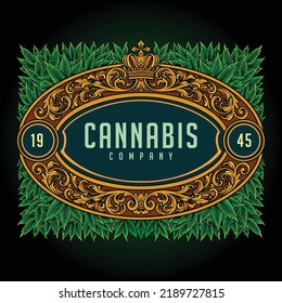 Antique elegant cannabis crown frame vector illustrations for your work logo, merchandise t-shirt, stickers and label designs, poster, greeting cards advertising business company or brands