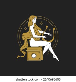 Antique elegant female Greek goddess playing harp with stars circle frame line art icon vector illustration. Medieval esoteric lady with perfect naked body enjoying audio sound melody outline logo