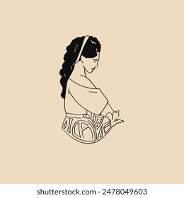 Antique elegant woman with flower ornament. Vector line illustration.