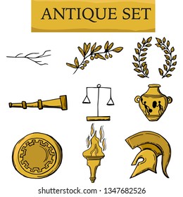 Antique elements : laurel wreath, scale, olive tree branch, telescope. Medieval epoch.