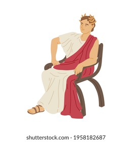 Antique emperor of ancient roman patrician in toga sitting, flat vector illustration isolated on white background. Ancient caesar in laurel wreath cartoon character.