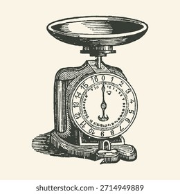 Ilustración grabada antigua de una escala mecánica de cocina o supermercado con un Grande dial, puntero y bandeja superior, representada en un estilo clásico de xilografía.
