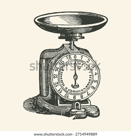 Antique engraved illustration of a mechanical kitchen or grocery scale with a large dial, pointer, and top pan, depicted in a classic woodcut style.