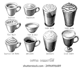 Antique engraving illustration of Coffee type collection black and white clip art isolated on white background