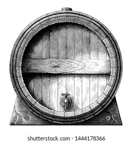 Antique engraving illustration of Oak barrel hand drawing black and white clip art isolated on white background,Alcoholic fermentation barrel