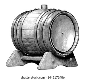 Antique engraving illustration of Oak barrel hand drawing black and white clip art isolated on white background,Alcoholic fermentation oak barrel