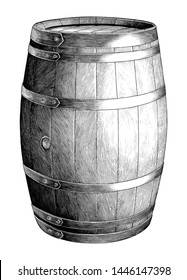 Antique engraving illustration of Oak barrel hand drawing black and white clip art isolated on white background,Alcoholic fermentation oak barrel