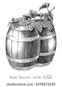 Ilustración de grabado antiguo de la mano del barril de roble que dibuja el arte de Clip blanco y negro aislado sobre fondo blanco, barril de roble de fermentación alcohólica