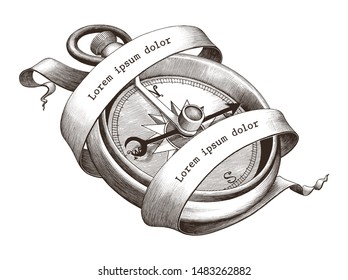 Antique engraving illustration of vintage compass with banner clip art isolated on white background,The symbol of sea