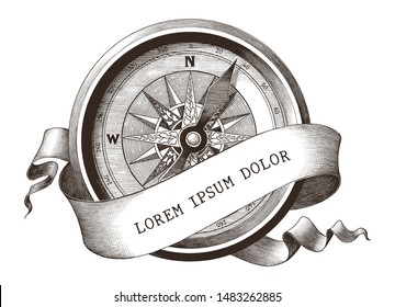 Antique engraving illustration of vintage compass with banner clip art isolated on white background,The symbol of sea