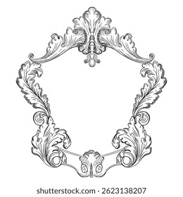 Antique engraving ornate baroque floral frame. Vintage frame scroll ornament engraving border. Retro style pattern with acanthus foliage swirl decorative filigree design element. For design, print