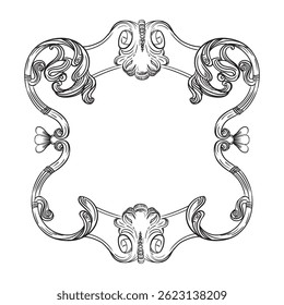 Antique engraving ornate baroque floral frame. Vintage frame scroll ornament engraving border. Retro style pattern with acanthus foliage swirl decorative filigree element. For wedding, design