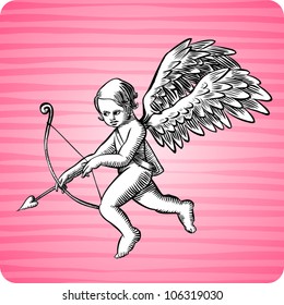 Antique etched-style vector illustration of cupid flying with an arrow drawn back halfway.