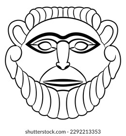 Antique ethnic mask  Face bearded man  Nomadic Scythian Iron Age Pazyryk culture  Black   white linear silhouette 