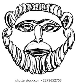 Antique ethnic mask  Face bearded man  Nomadic Scythian Iron Age Pazyryk culture  Hand drawn linear doodle rough sketch  Black silhouette white background 