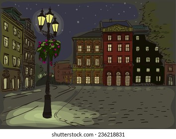 Antique European street. Night Summer city landscape. Vector illustration.