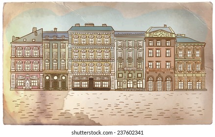 Antique European street. Vintage post card. Vector illustration.