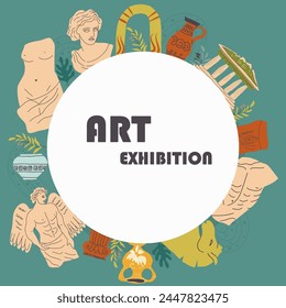 Antique Exhibition background, frame, backdrop, layout about modern museum with antique ruins and Greek sculptures for event invitation, magazine or cover. Vector set of modern antique illustart.