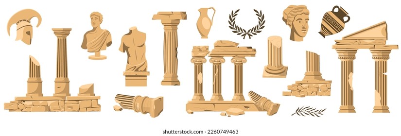 Colección de exposiciones antiguas. Antiguas estatuas clásicas griegas de diosas, columnas de jarrones, antiguos elementos místicos históricos estilo boho. Conjunto plano vectorial de la antigua ilustración griega