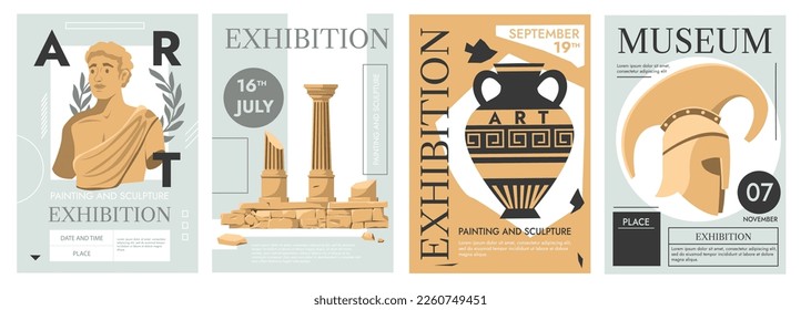 Antique exhibition posters. Contemporary museum flyer design with ancient ruins and greek sculptures for event invitation, magazine or cover. Vector set of contemporary antique event illustration