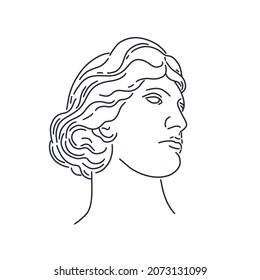 Antique face of greek portrait. Abstract line sketch on black background. Woman art silhouette. Graphic symbol for print. Strong-willed chin and self-esteem