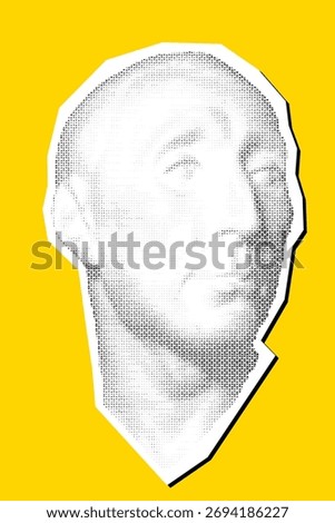 Antique face. Vector illustration. Digital graphic for posters, banners, flyers, cover, historic artwork, ancient picture. Vintage engraving Plaster head. Geometric halftone triangular texture