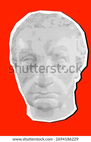 Antique face. Vector illustration. Digital graphic for posters, banners, flyers, cover, historic artwork, ancient picture. Vintage engraving Plaster head. Geometric halftone triangular texture