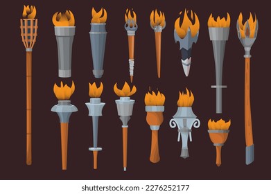 Antique fairy tail torch set concept in the flat cartoon style on the background. Wooden and metal torches with fire, which were in fairy tales about ancient times. Vector illustration.