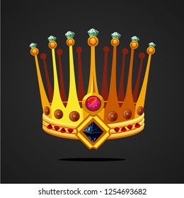 Antique fantasy crown with jewel. Cartoon style illustration on isolated background. Game design assets concept.