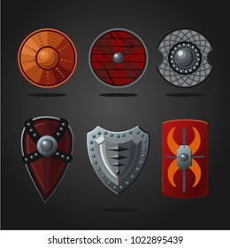 Antique fantasy shields set. Weapons collection. Game design concept.