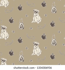 Antique fashion accessories hand drawn vector seamless pattern. Vintage perfume bottle, victorian style handbag, retro beads necklace, ring and pug dog. Sketch endless illustration.