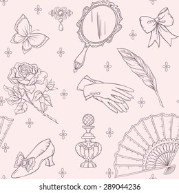 Antique fashion lady's accessories. Seamless  vector pattern with lady's accessories 18 century
