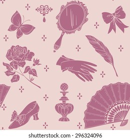 Antique fashion lady's accessories. Seamless  vector pattern with lady's accessories 18 century
