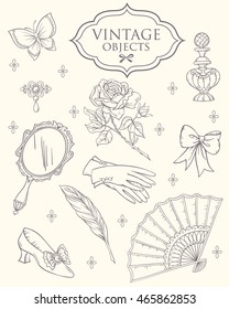 Antique fashion lady's accessories. Seamless  vector pattern with lady's accessories 18 century