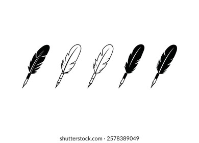 Antique Feather Pen Icons | Quill Writing Vector Set on White Background