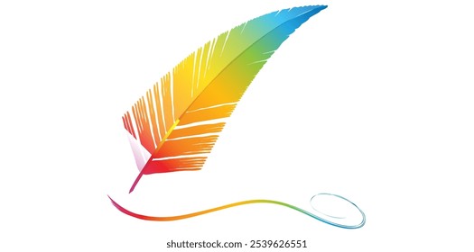 Antique Feather Pen Isolated On White Background, Colorful Feather Tool Vector Illustration.	